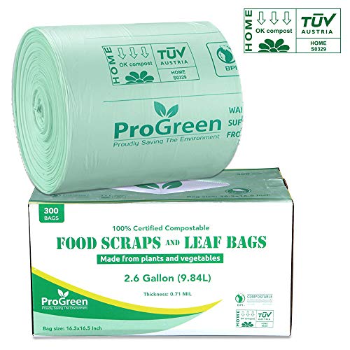 ProGreen 100% Compostable Bags 2.6 Gallon, 300 Count, Extra Thick 0.71 Mil, Small Compost Kitchen Trash Bags, Food Scraps Yard Waste Bags, Compost ASTM D6400 BPI and TUV Austria Certified