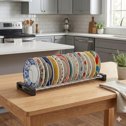Image of Stainless Steel Small Plate Rack for Kitchen | 14 Slots Dish & Plate Stand | Space Saving Countertop Organizer | Rust-Resistant Dish Holder with Stable Base (45.5 x 16 x 10.5 cm) (Pack of 1)