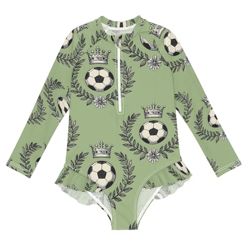 ALAZA Black White Football Leaf Crown Girls One Piece Swimsuit Long Sleeve Rash Guard Swimsuits UV 50+ Swimwear Zipper
