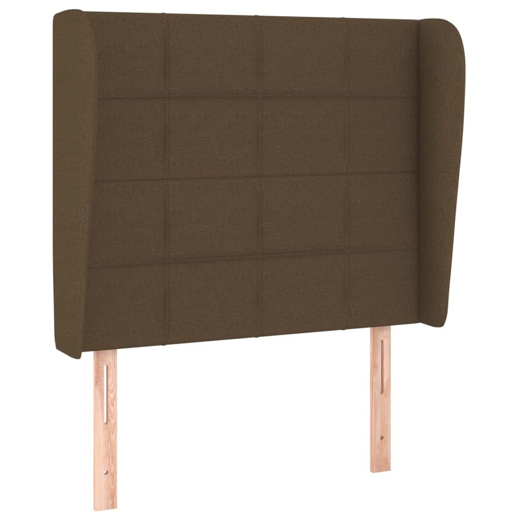 Klasyczny zagłówek uszak w kolorze ciemnobrązowym, wykonany z oddychającej tkaniny, o wymiarach 93x23x118/128 cm z regulowaną wysokością i stabilnymi drewnianymi nogami, zapewnia