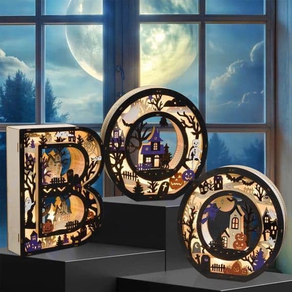 Light Up Wooden BOO Letters Set of 3 Halloween LED Decor Tabletop Timer Sign