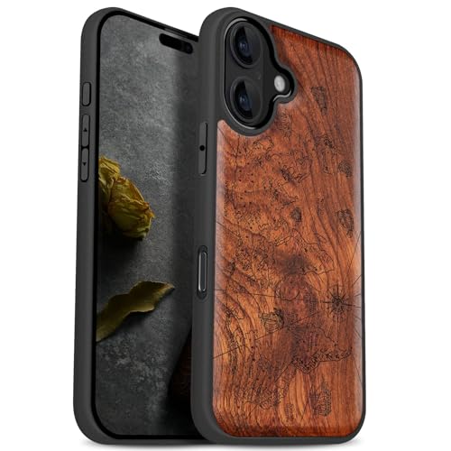 Carveit MagSafe (マグセーフ) 対応 iPhone 17 ケース 木製 【天然木+TPUシリコンツーインワン】 衝撃吸収 滑り止め マグネット内蔵 アイフォン17 ケース 耐衝撃 レーザーアート彫刻 (バラ色-世界海図)