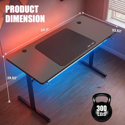 Image of GTPLAYER 55 Inch Gaming Desk with LED Lights, Large Computer Desk with Mouse Pad for Home Office, T-Shaped Carbon Fibre Surface PC Game Workstations with Headphone Hook