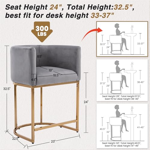 Image of HNY Modern Counter Height Velvet Fabric Upholstered Counter Stools Set of 2, 24 Inch Kitchen Island Stool with Gold Finish Metal Frame, Grey