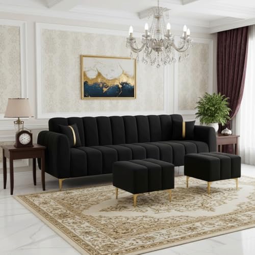 Image of Harmonica 3 Seater Modular L Shape Sofa Set with 2 Ottoman| Soft Velvet Upholstery, Sturdy Wooden Frame | Modern Sofa for Living Room, Hall & Office Spaces (Black)