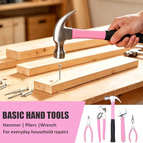 Image of FASTPRO 215-Piece Pink Tool Set, Home Repairing Tool Set with 12-Inch Wide Mouth Open Storage Bag, Household Hand Tool Kit, Pink