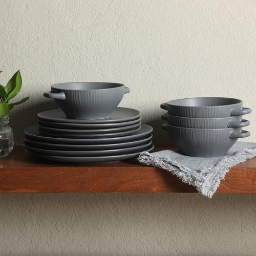 Image of Gibson Elite Clover Hill 12-Piece Stoneware Dinnerware Set - Dark Blue Embossed Plates and Bowls with Matte Speckled Reactive Glaze, Service for 4 - Microwave & Dishwasher Safe