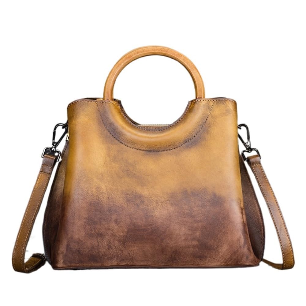 Minimalist Women's Vegetable-Tanned Leather Crossbody Bag - Retro Color-Block Handheld Bag, Vintage Style(Yellow)