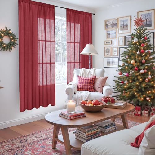 Image of BGment Burgundy Linen Curtains 72 Inches Long for Living Room, Window Drapes Semi Sheer Textured for Farmhouse Bedroom Dining Christmas Decor with Rod Pocket Lightweight, 2 Panels, Each 52 Inch Wide