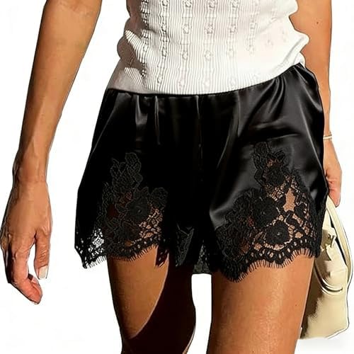 Satin Silk Boxers Shorts for Women Y2k Lace Trim Micro Mini Pajama Shorts Knickers Low Rise Lounge Slip Pj Bottoms