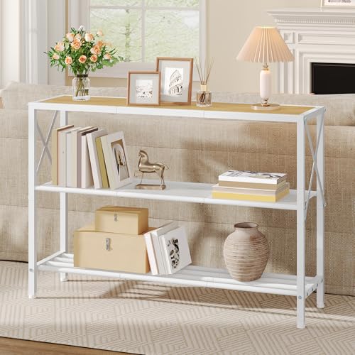 Image of Hoctieon Industrial Console Table, 3 Tier Entryway Tables, Hallway Desk, Narrow Sofa Tables with Shelves, Entrance Table for Entryway, Living Room, Foyer, Hallway, Office, Oak Beige