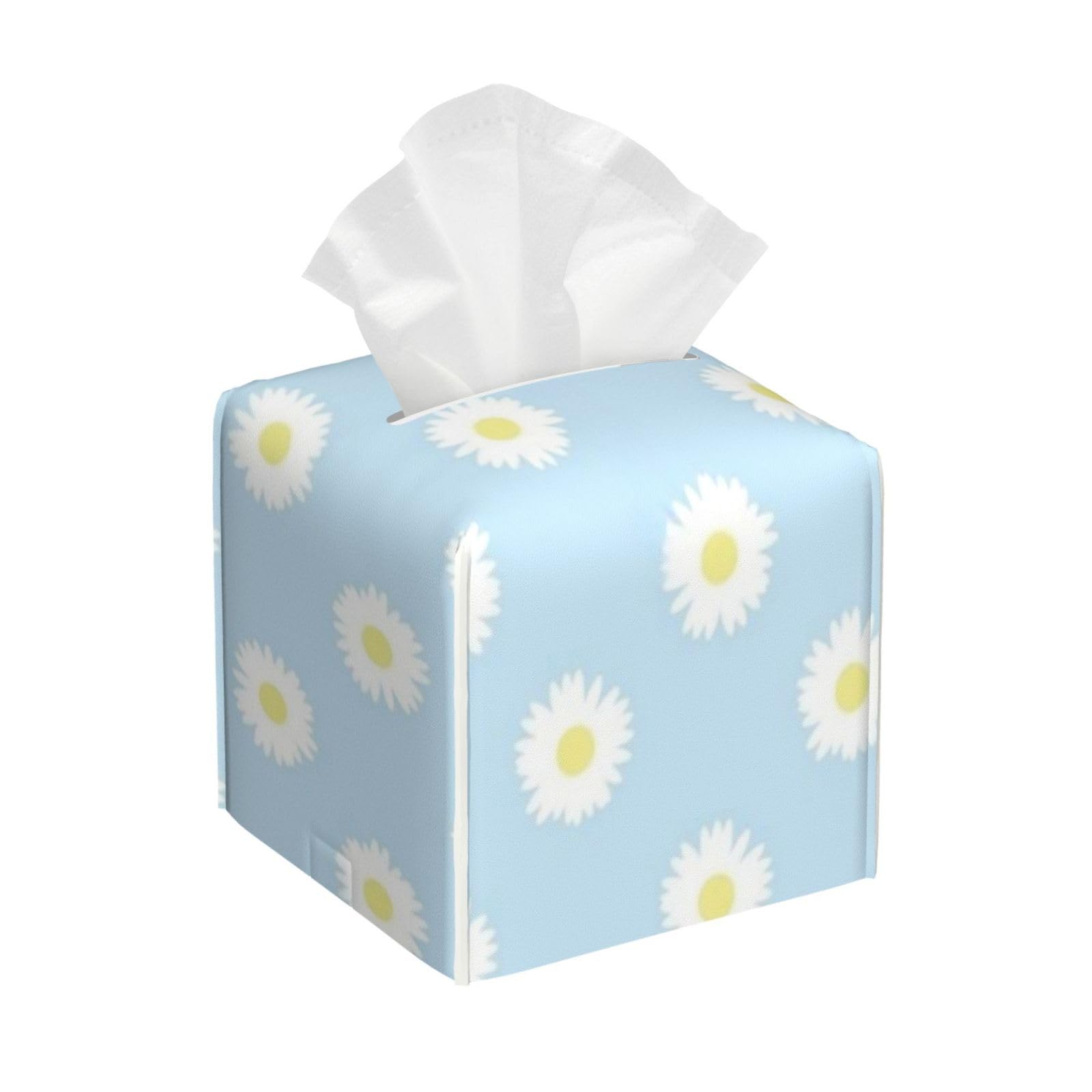 Daisy Blue Pastel Aesthetic Cute Daisies Flower Tissue Box Cover 5" Square Leather Tissue Holder Facial Tissue Case for Tabletop Bedroom Bathroom Desk Decor