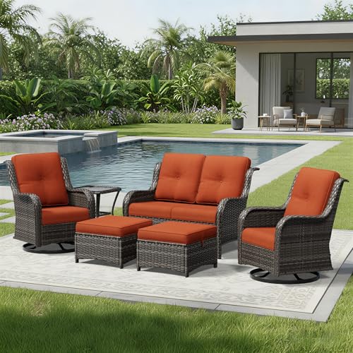 Image of Joyside 6 Piece Wicker Patio Furniture Set, Outdoor Swivel Rocker Patio Chairs with High Back, Deep Seating, Wide Armrest, Thickened Cushions, Outdoor Furniture for Deck, Porch Use