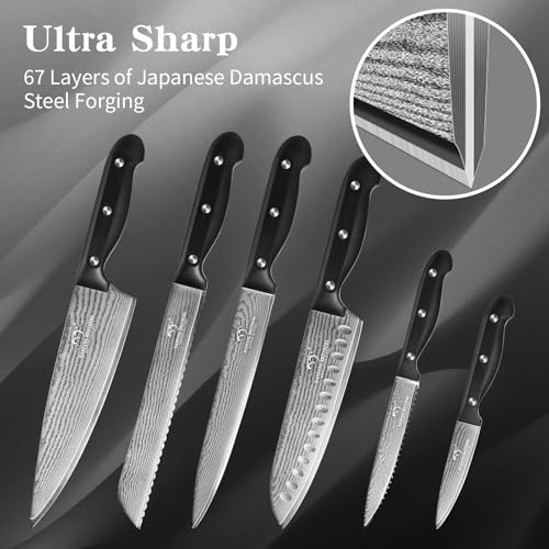 Image of NANFANG BROTHERS 9-Piece Damascus Kitchen Knife Set, 67-Layer VG10 Japanese Steel, Professional Chef Knives with Compact Wooden Block, Triple-Riveted Ergonomic Handles (Hand-Wash Only)