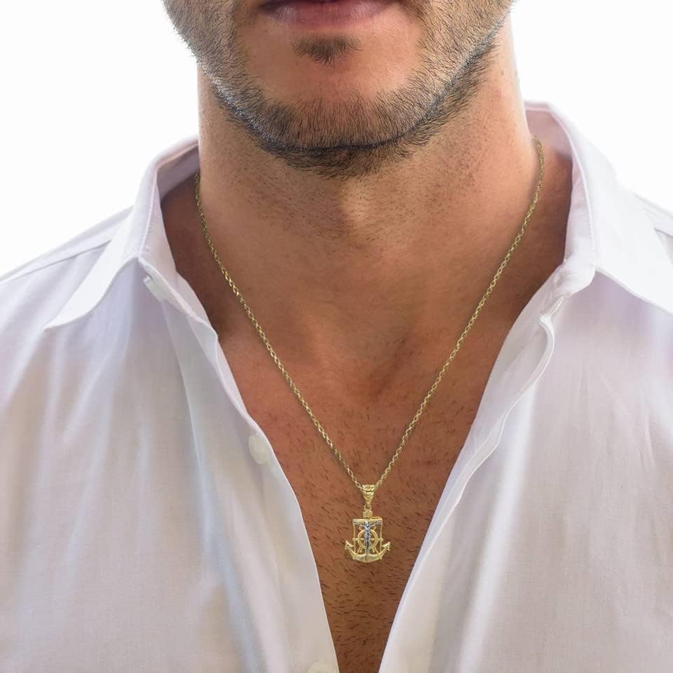 10K Tri-Color, White, or Two-Tone Rose Gold Mariner Crucifix Jesus Christ Anchor Cross Nautical Pendant Necklace, Your Choice of Metal & Length