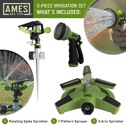 Ames (3) Piece Sprinkler & Sprayer Set With (1) Pulsating Spike Style, (1) 3 Arm Rotating Sprinkler And (1) 7-Pattern Spray Nozzle For Lawn, Garden Or Yard, Watering, Adjustable, Easy Hose Connections #TOP1