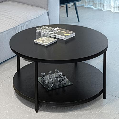 Acllkswx 36" Black Round Coffee Table，2-Tier Coffee Table for Living Room， Modern Design Black Coffee Tables with Rustic Wood Desktop & Sturdy Metal Legs for Living Room Balcony Office