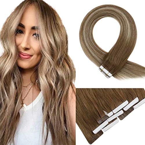 VeSunny Remy Balayage Tape in Hair Extensions Straight Medium Brown Ombre Hair Extensions Browm to Platinum Blonde Balayage Brown Tape in Real Remy Hair 10pcs/pack 25g 16inch