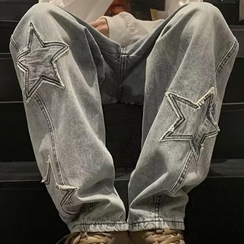 DESKABLY Men's Baggy Jeans Wide Leg Relaxed Fit Y2k Grunge Pants Plus Size Stars Patchwork High Waist Streetwear Denim Pants3