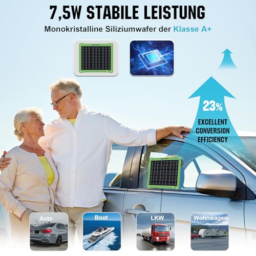 ECO-WORTHY 7.5W Solarpanel 12 V Solar Autobatterie Ladegerät, Solarladegerät für Erhaltungsladung, Tragbares Wasserdichtes Solarmodul für Auto, Boot, Motorrad, Wohnmobil, LKW Usw.
