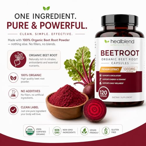 Image of Healbend Organic Beet Root Capsules 1300mg - Nitric Oxide Booster Beets Support Healthy Blood Pressure, Heart Health, Circulation Superfood - 120 Count