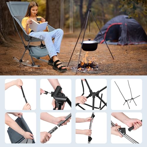 YOXIER Rocking Camping Chair, Padded Portable Rocker Chair for Patio, Lawn and Outdoors, Outdoor Rocker with High Back Hard Armrests for Adults Supports 253lbs, Grey 1 Set