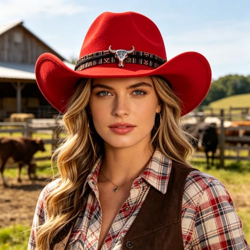Image of Women Men Faux Felt Western Cowboy Hat with Ox Head Belt Buckle Mexican Cowgirl Wool Hat Newsboy Top Cap Wide Brim Fedora