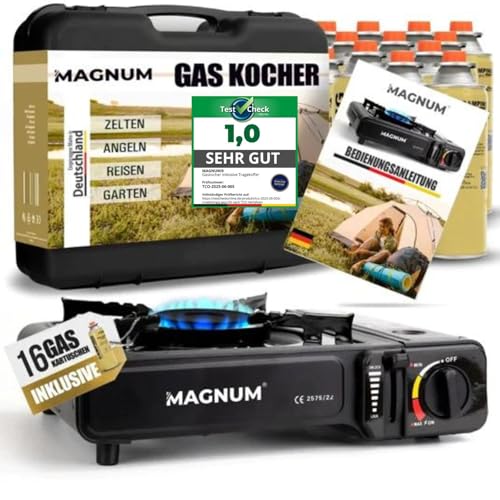 Magnum Gaskocher [inkl. 16x Gaskartuschen] Campingkocher [Notfall Ausrüstung ] Gaskocher mit Kartusche - Campingkocher mit Gaskartusche (16 Kartuschen)