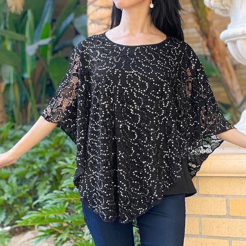 Brittany Black Women's Scoop Neck Embellished Overlay Knit Top Poncho4