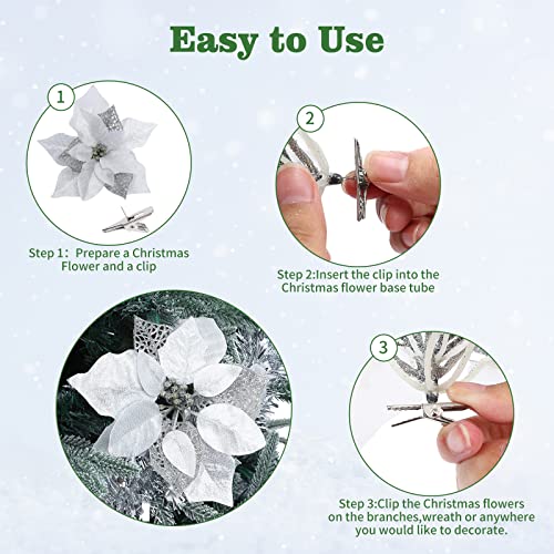 15 Pieces Christmas Glitter Poinsettia with Clips Christmas Poinsettia Decorations Artificial Poinsettia Flowers Ornament Christmas Flowers for New Year Wedding Home Decoration 8.7inch/22cm Silver