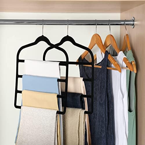 Velvet Trouser Hanger Space Saving Non-Slip Pants Hanger - Jeowoqao 3 Pack Jeans Hangers Multi Bar Velvet Clothes Hanger Closet Storage Organizer for Trousers Scarf Belts Ties Towel (Black)