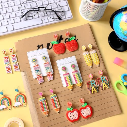 Tondiamo 18 Pcs Teacher Gift Earrings for Women Back to School Rhinestone Beaded Dangle Drop Pencil Friyay Earrings Teacher Appreciation Gift Colorful Dangle Jewelry Set for Graduation4