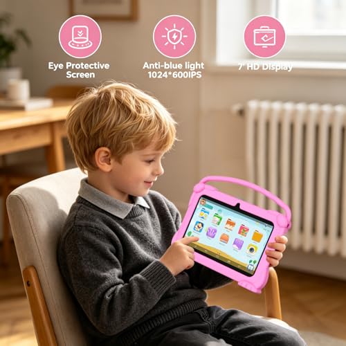 Image of Kids 7 inch Android 12 Tablet - 4GB RAM, 32GB ROM, 1TB Expandable, Toddler Shockproof Case, Parental Control, 1024 * 600 IPS Screen, 3000mAh Battery, Educational & Games, Pink
