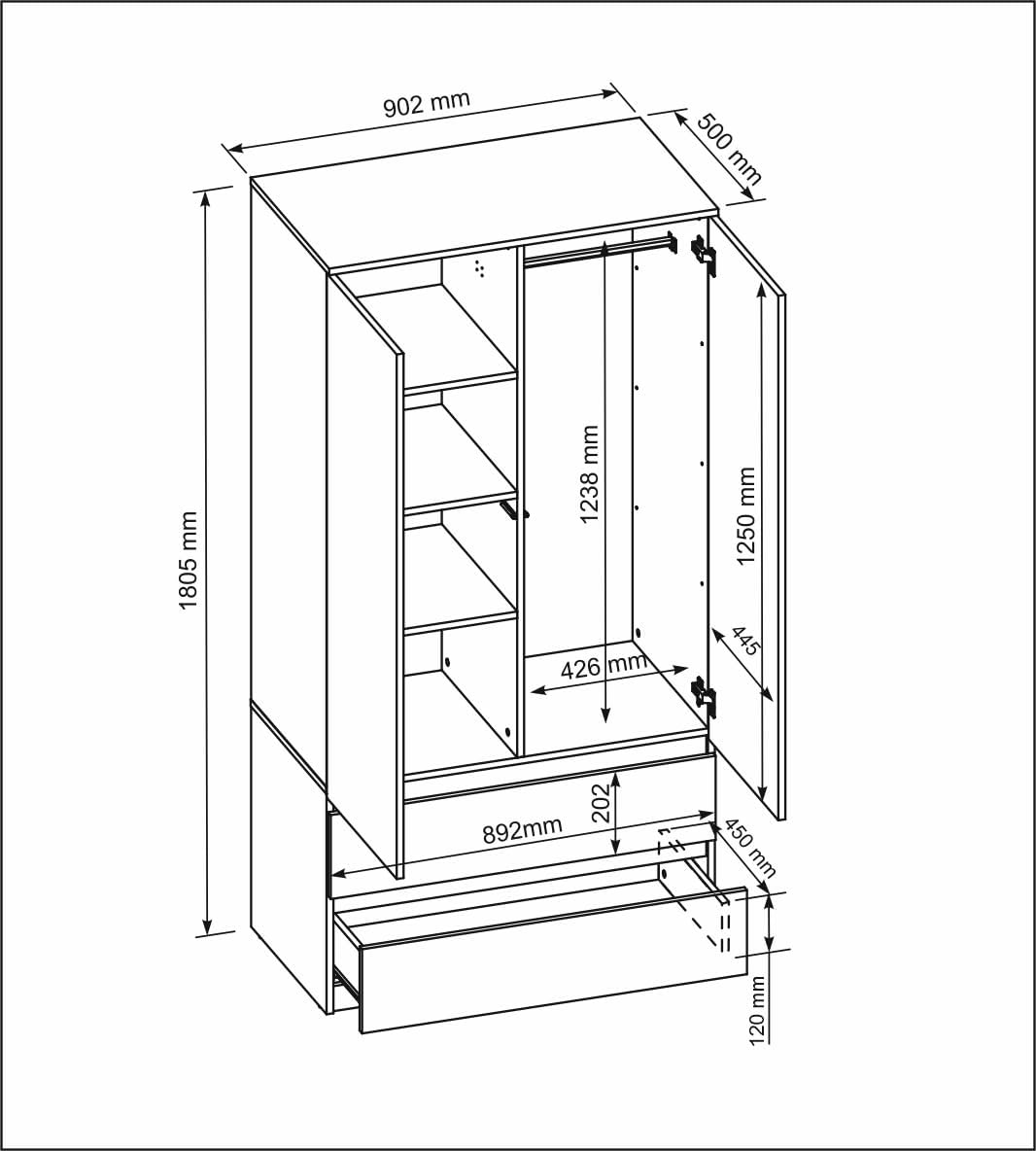 meble masztalerz Armadio Camera da Letto con 2 Cassetti Larghezza 90 cm - Mobile Camera da Letto - Armad Camera Letto Moderni - Guardaroba Armadio - Bianco - 180x90x50cm