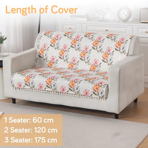 Image of HOKIPO Painterly Floral Quilted Sofa Cover for 2 Seater with Tassels for Seat & Back, 'Tassel Twigs' Series (IN-990-T8)