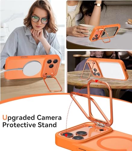 Image of Elzzi Translucent Matte Kickstand Case for iPhone 17 Pro Max, Built-in Adjustable Camera Stand, Translucent Matte Magnetic Mag-Safe Shockproof Phone Cover (Orange)