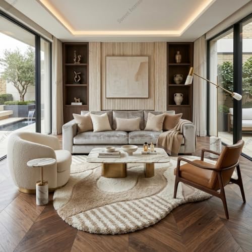 Image of SWEET HOMES Carpet for Hallway, Irregular Handwoven Shaggy Abstract Area Rug | Ultra Soft Plush Anti-Skid. 7 x 7 Feet (213 x 213 cm), Ivory /Beige