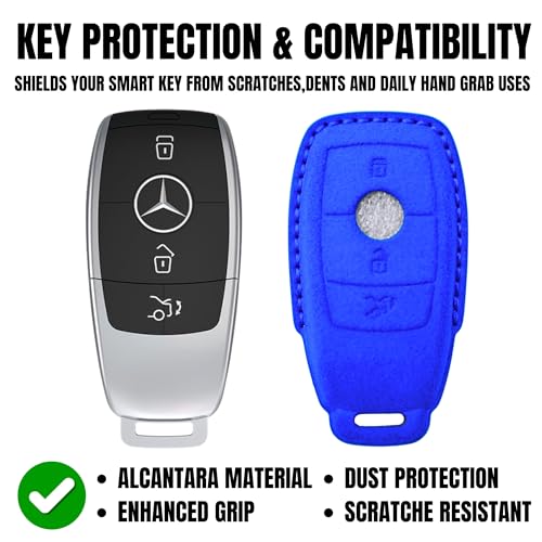 Image of KMH Alcantara Car Key Cover Compatible with Mєrcєdєs W205, E320L, C200, C180, C260, C300 Series Model 3 Buttons Shell Case Holder Full Key Protector Smart Keycover, Blue - Pack of 1