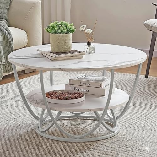 Image of Round Storage Coffee Table Contemporary Coffee Table for Living Room Wood Top with Metal Frame (Gry White)
