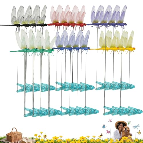 Jongdari Dragonfly Hat Clip Realistic Fake Dragonflies Clip-On Garden Outdoor Decor Stakes Plastic Dragon Fly Clips Plant Decorations for Pot (6 Colors, 24pcs)