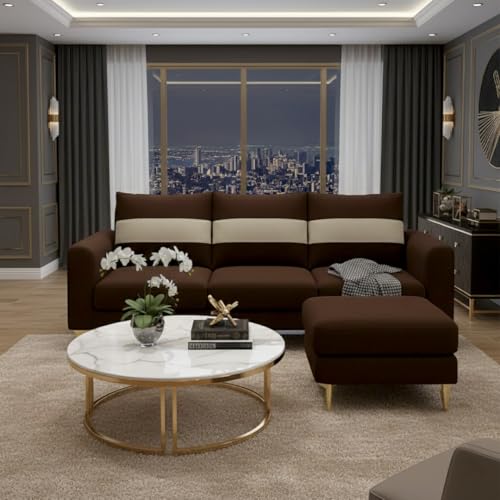 Image of FURNY Nova 4 Seater L Shape Sofa Set with Movable Ottoman | Flexible Left or Right Layout | Plush Velvet Fabric (Brown-Cream) | Perfect for Living Room, Guest Room & Office