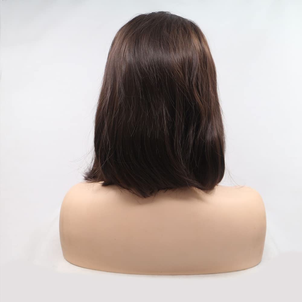 Xiweiya Wigs 14" Inches Straight Short Bob Wig Dark Brown Hair Synthetic Lace Front Wig Black Brown Color with Middle Part Heat Resistant Fiber Hair for Women,Drag Queen Family Makeup Party Wear - Image 3