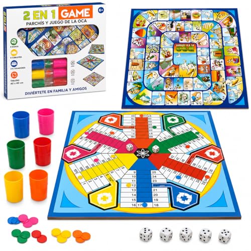 Parchís y Oca 2 en 1 de 40x40 cm para 2-6 Jugadores | Juego de Mesa Familiar con 6 Cubiletes y 6 Dados | Tablero Grande | Juegos Clásicos Familia y Amigos