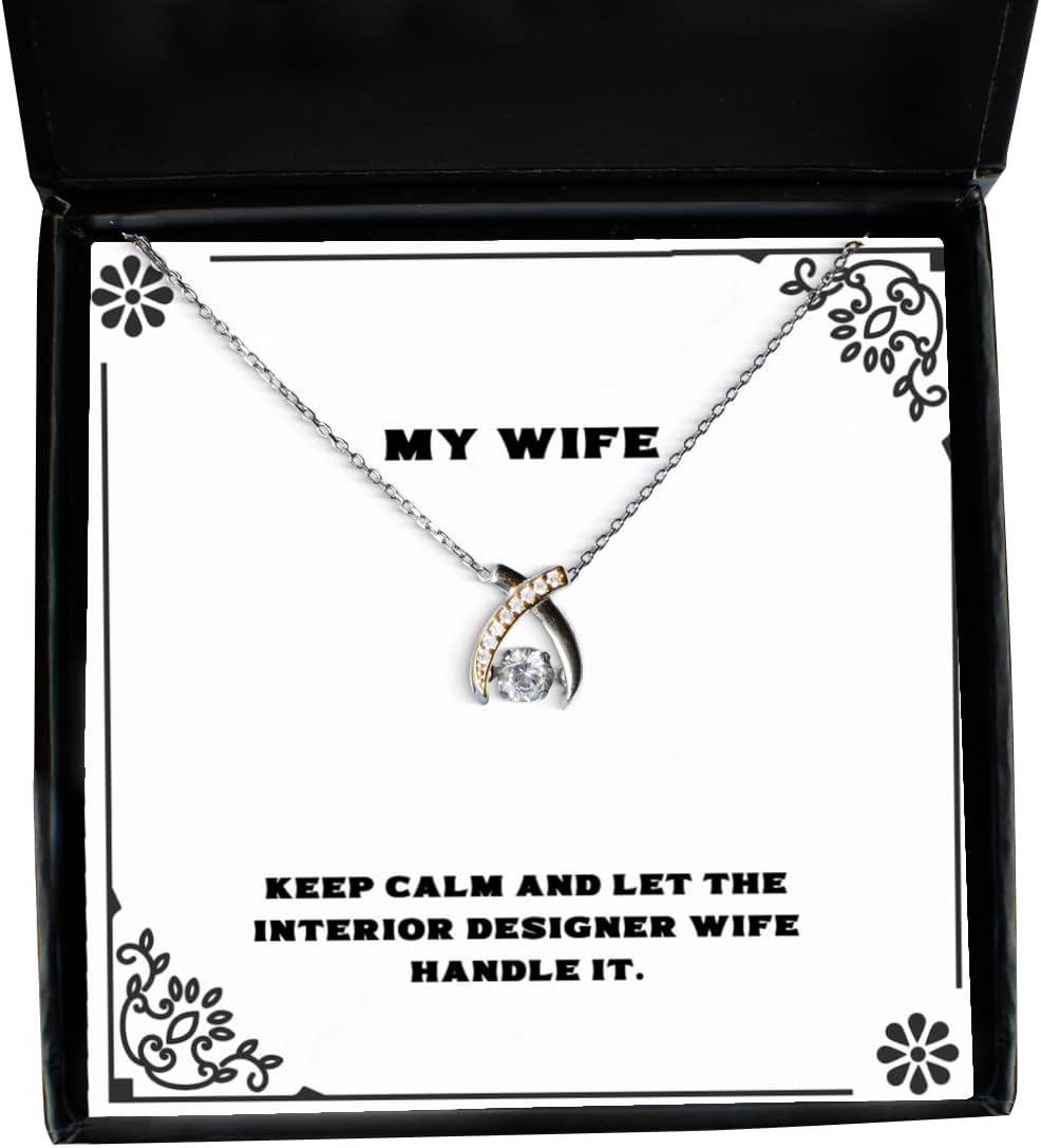 Krumfortable Living Keep Calm and Let The Interior Designer Wife Handle It. Wishbone Dancing Necklace, Wife Jewelry, Inspire for Wife