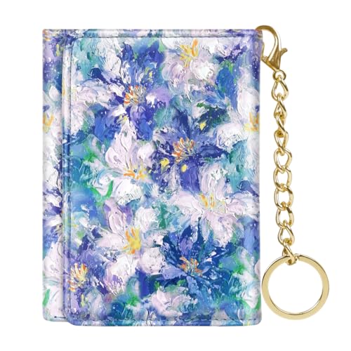Image of Trifold Womens Wallet Small Slim RFID Blocking Card Wallet Cute Credit Card Holder Leather Mini Purse with Cash Pocket 7 Card Slots ID Window, Blue Flowers