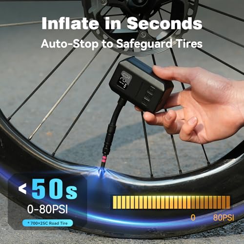 Image of Peakspeak Mini Electric Bike Pump AS260PRO, 120PSI Portable Bicycle Pump with Gauge & Auto Stop, USB-C Rechargeable, Precision Inflation for Presta /Schrader Valves, Road Bike, MTB & Motorcycle