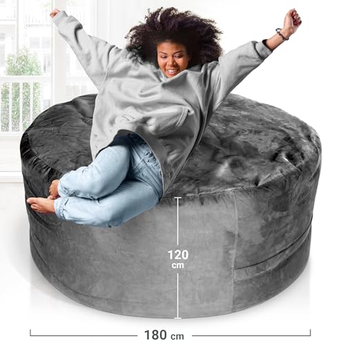 Green Bean Jumbo Max Riesensitzsack mit Memory-Schaum Flockenfüllung – Sitzsack XXL aus flauschigem Velours in 6ft (180x120cm) Dunkelgrau – Indoor Lounge-Sitzsack waschbar & gemütlich