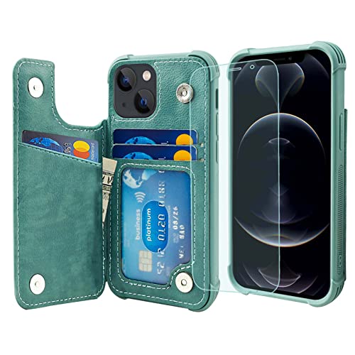 VANAVAGY Compatible for iPhone 13 Wallet Case for Women and Men,Leather Flip Folio Phone Cover Fits Magnetic Car Mount with Credit Card Holder,Forest Green