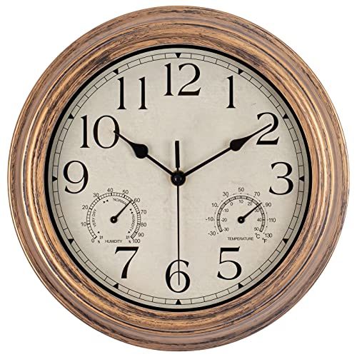 Küchen-Wanduhr, leise batteriebetriebene Uhren mit Thermometer und Hygrometer-Kombination, 30,5 cm Vintage-dekorative runde Wanduhr für Wohnzimmer, Schlafzimmer, Badezimmer, Büro - Bronze Cover