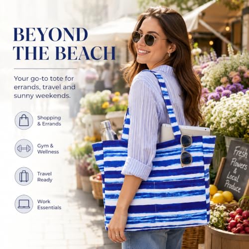 Image of LEDAOU Large Beach Bag Women Waterproof Sandproof Zipper Beach Tote Pool Bag for Swim Gym Grocery Travel with Wet Pocket